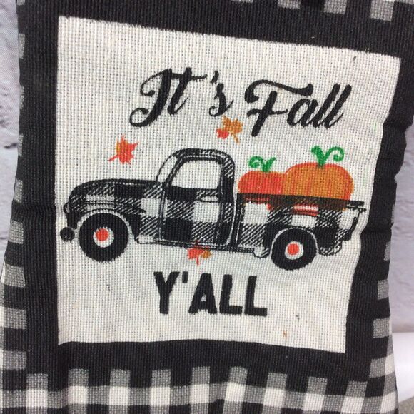 "It's Fall Y'all" 3 Piece Kitchen Set Black/White Buffalo Check Truck & Pumpkins - Picture 4 of 7